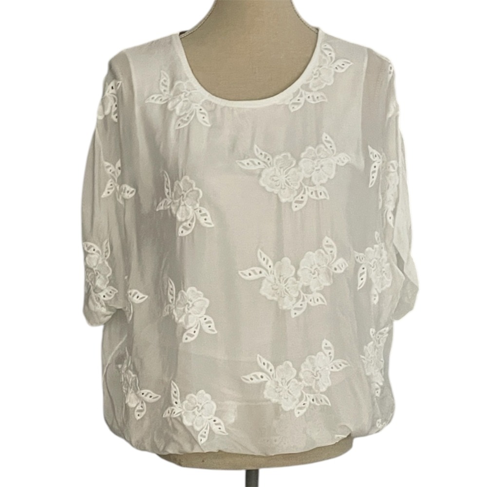 Tendenze Blouse Small White Silk Blend Floral Embroidered‎ Bubble Hem Italy